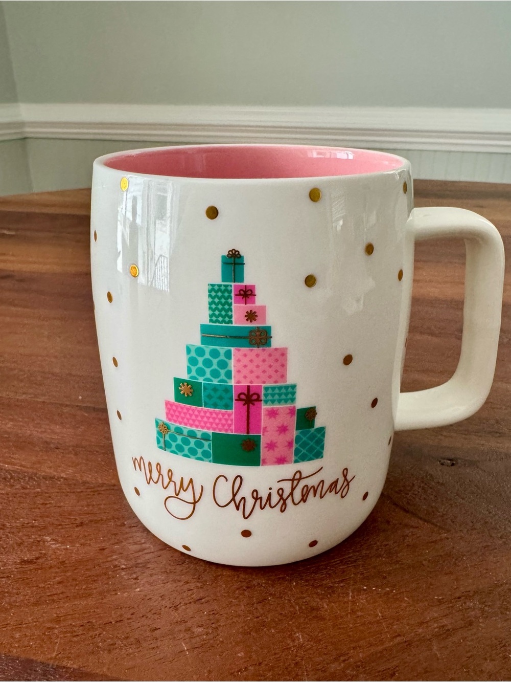 Mary Square Merry Christmas Collection Ceramic Coffee Mug Pink Gold Aqua Dots
